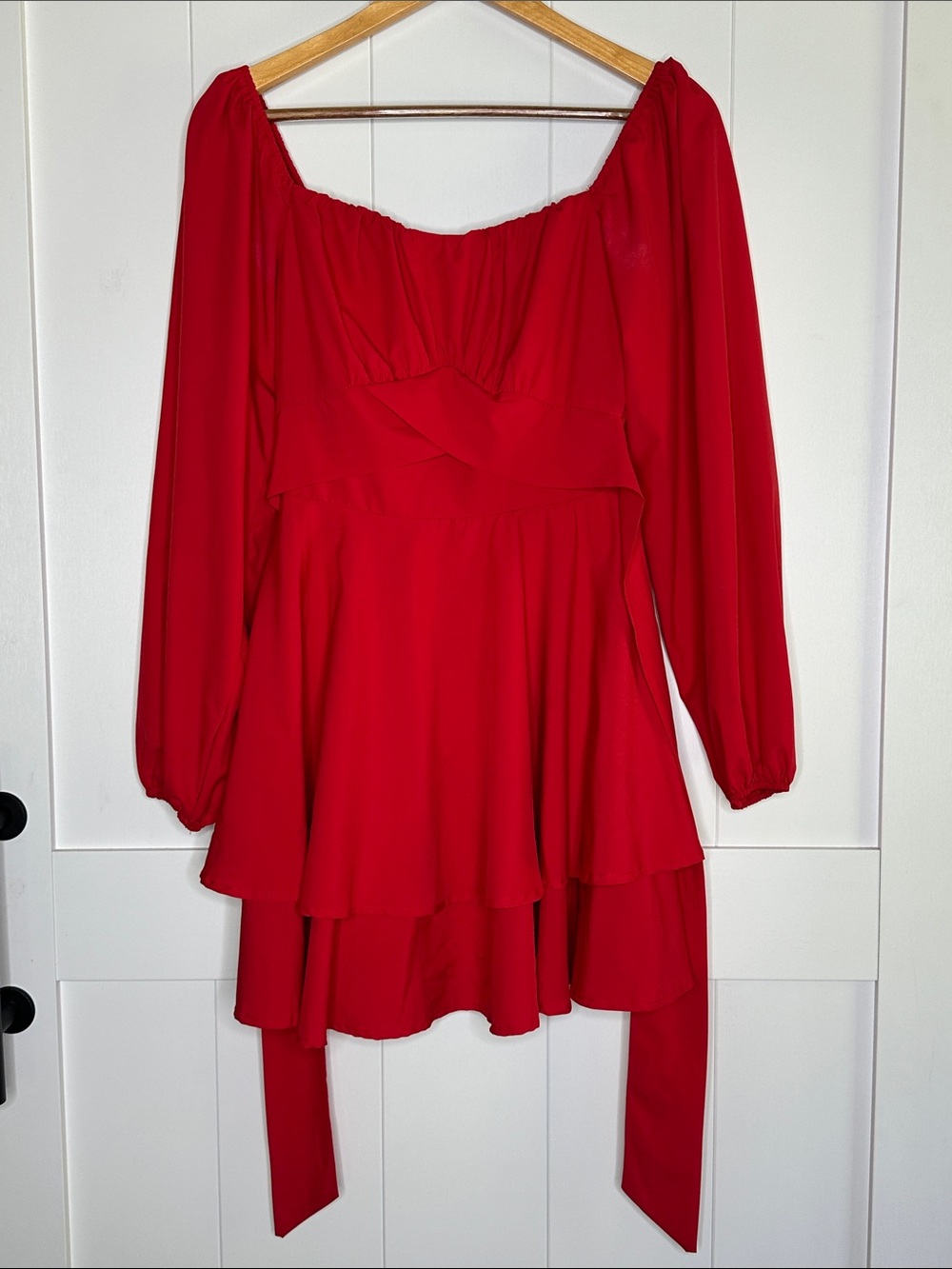 Amazon Red Long-Sleeve Tiered Mini Dress